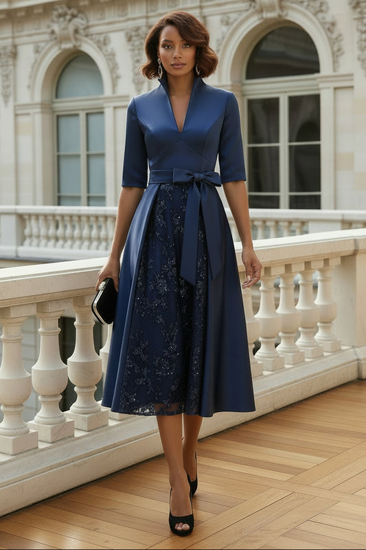 High Neck Satin Midi Dress with Sequin Lace Insert