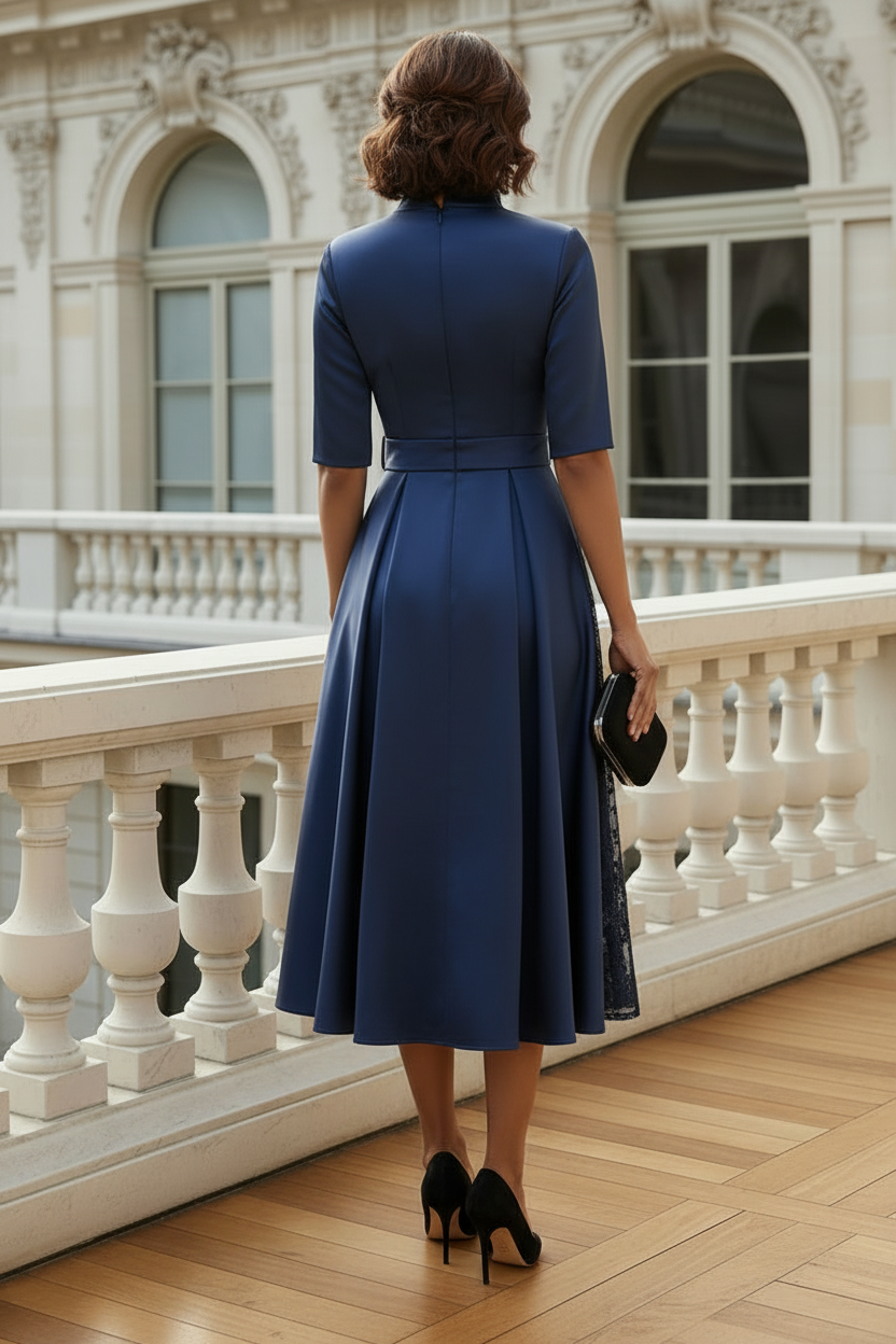 High Neck Satin Midi Dress with Sequin Lace Insert