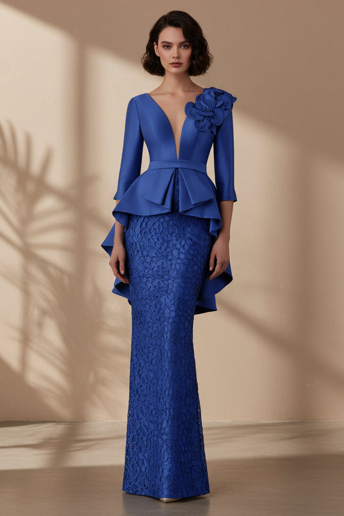 Floral Shoulder Peplum Lace Evening Gown