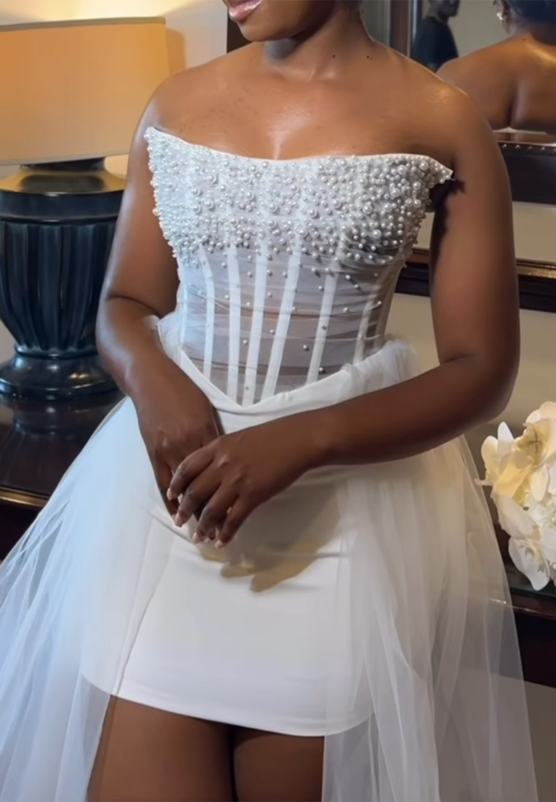 Pearl Corset Mini Wedding Dress with Tulle Train