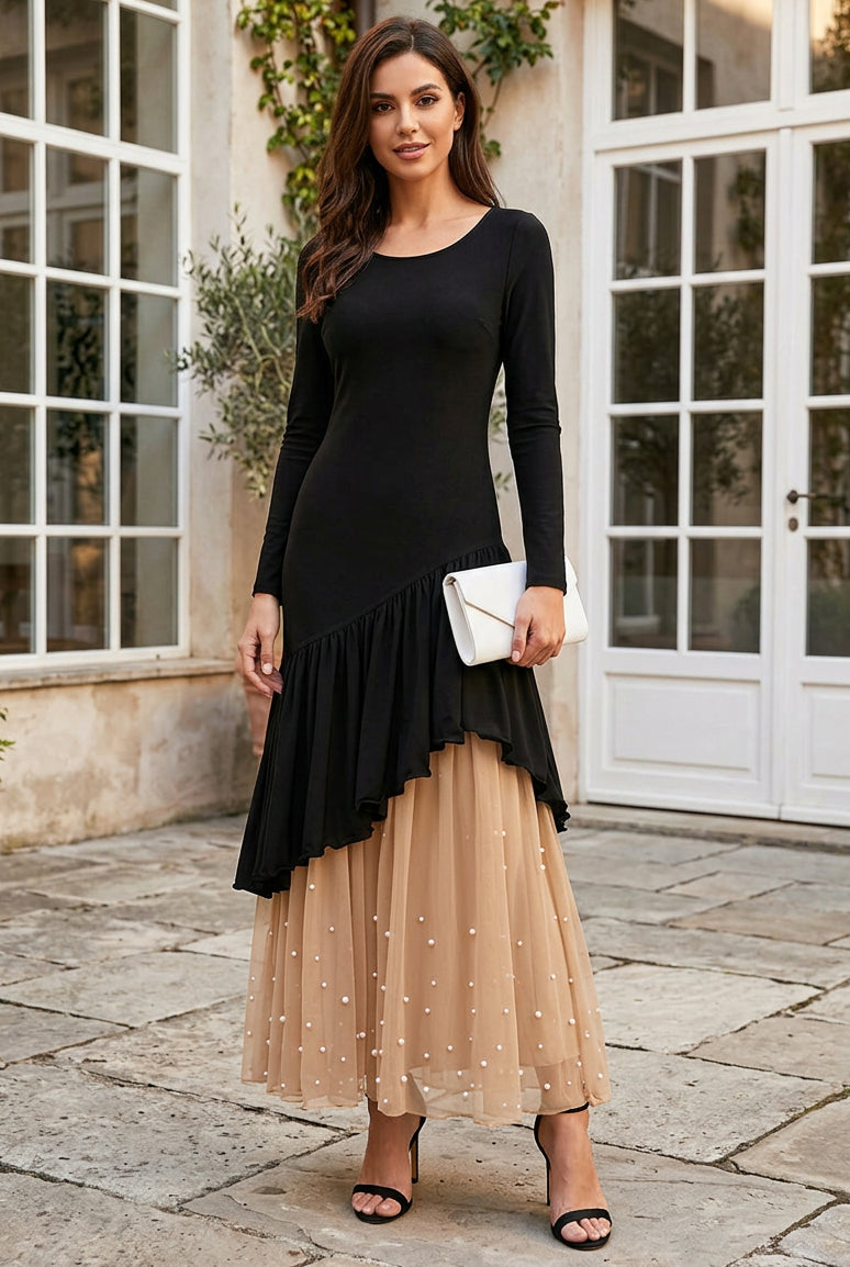 Asymmetric Ruffle Maxi Dress with Pearl Accents