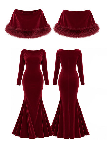 Velvet Mermaid Gown with Feather Trim Cape