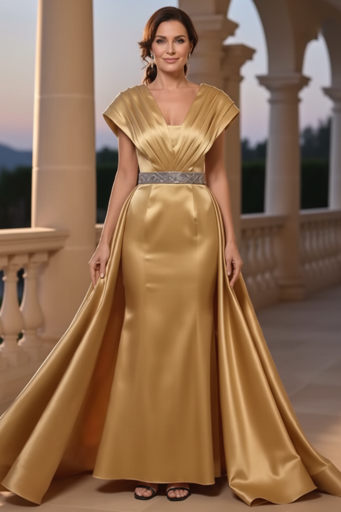 Pleated Bodice Gown with Embellished Belt