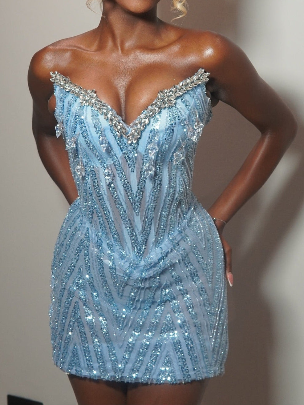 Strapless Rhinestone Embellished Sequin Mini Dress