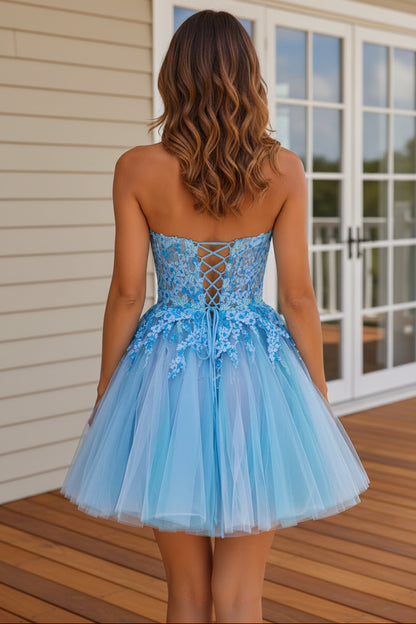 3D Floral Applique Strapless Tulle Homecoming Dress