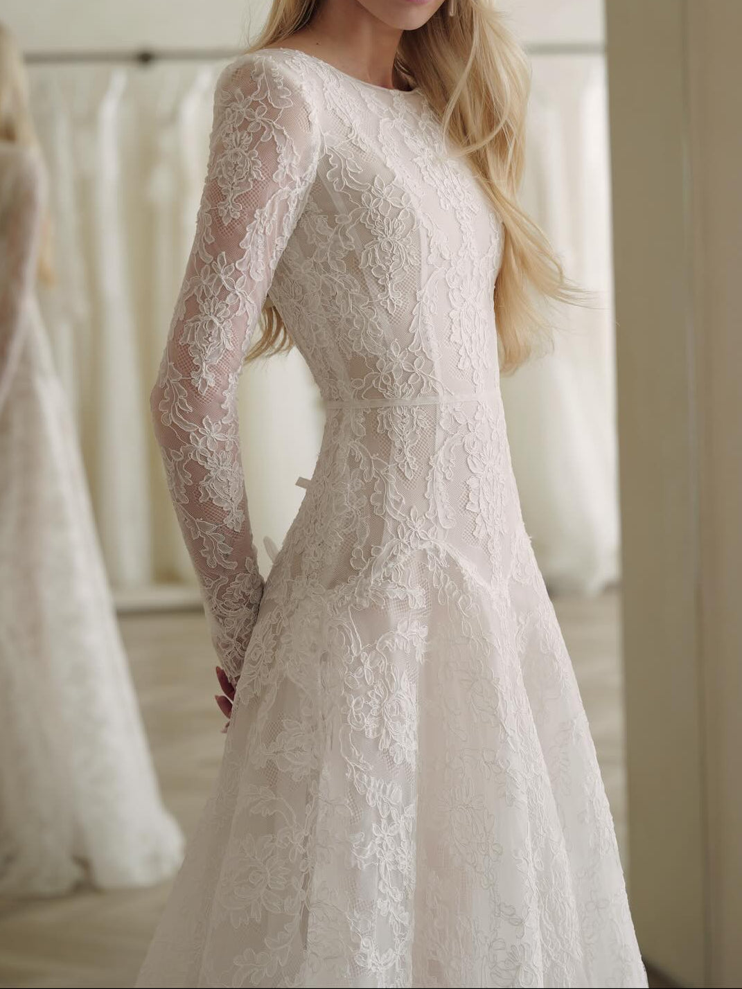 Lace Long Sleeve A-Line Wedding Dress with Bow Back
