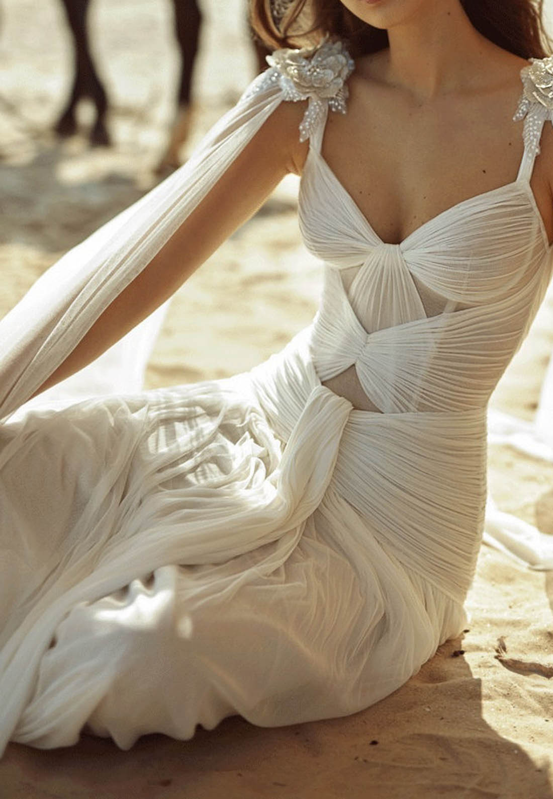 Ruched Chiffon Bridal Gown with Cape Sleeves