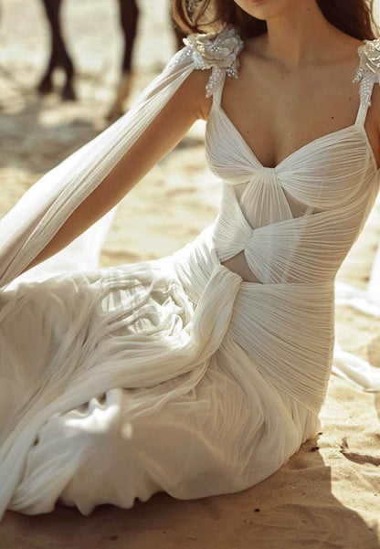 Ruched Chiffon Bridal Gown with Cape Sleeves