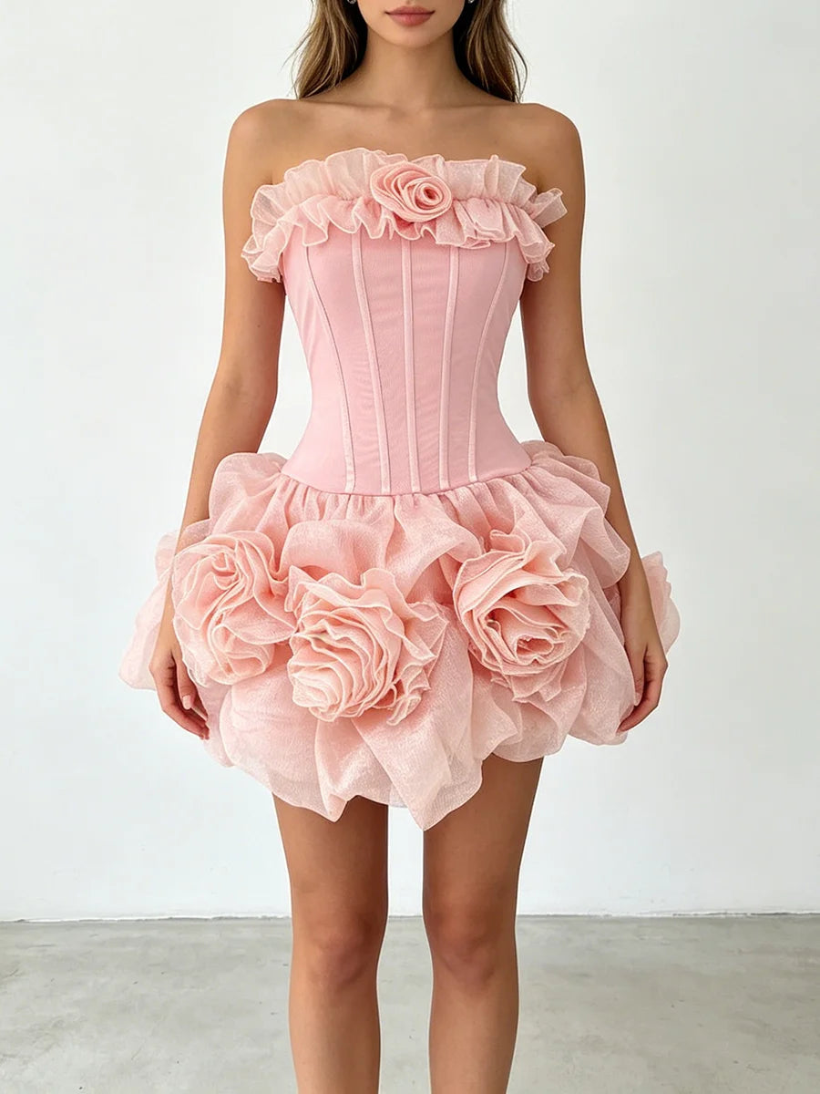 Strapless Corset 3D Rose Ruffle Mini Dress