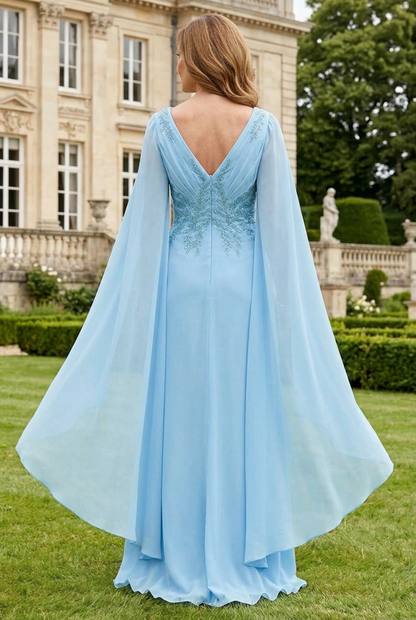 Embroidered Cape Sleeve Evening Gown with Slit