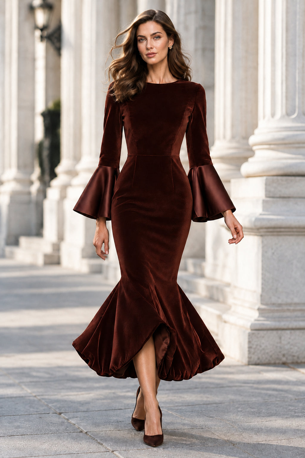 Trumpet Midi Dress with Bell Sleeves