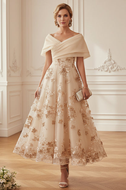 Off-the-Shoulder 3D Floral Tea-Length Dress