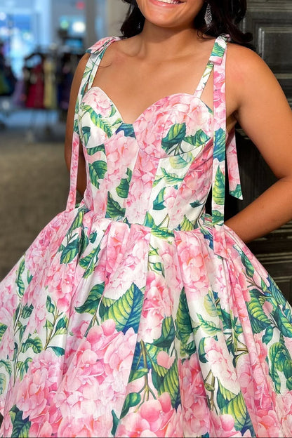 Floral Sweetheart Corset Mini Dress with Tie Straps