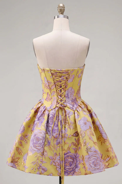 Strapless Floral Jacquard Corset Mini Dress