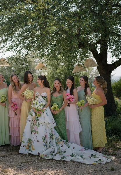 Floral Strapless Ball Gown with Draped Skirt