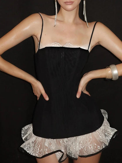 Lace Trim Ruffle Hem Corset Mini Dress