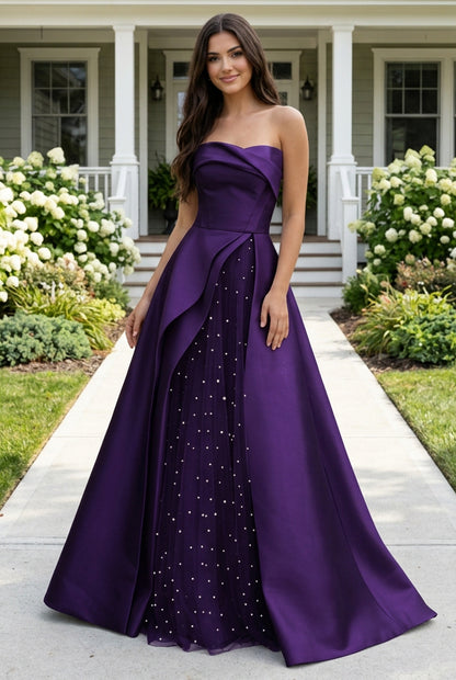 Strapless Satin Ball Gown with Pearl Tulle Split