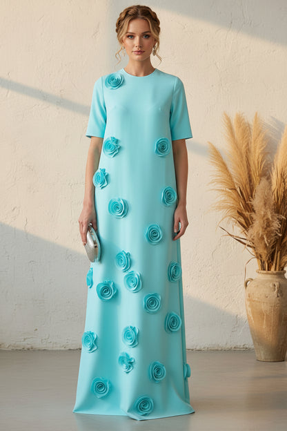 3D Floral Applique Short Sleeve Maxi Dress