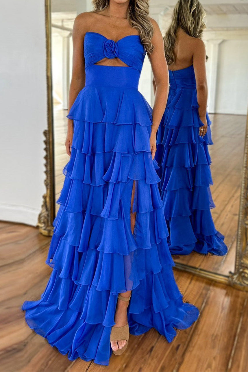 Strapless Tiered Floral Ruffle Gown with Slit