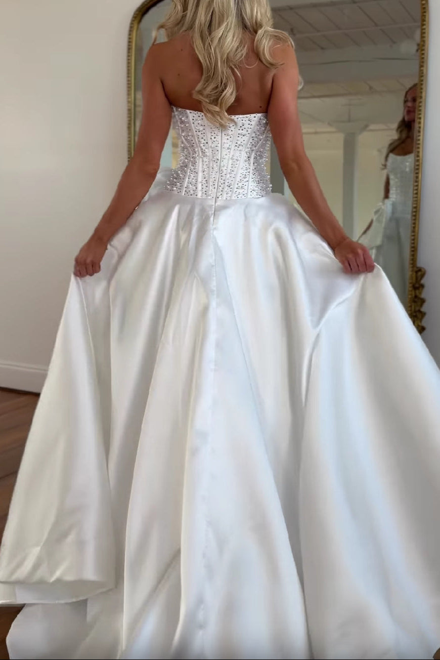 Strapless Beaded Bodice Ball Gown with Bow