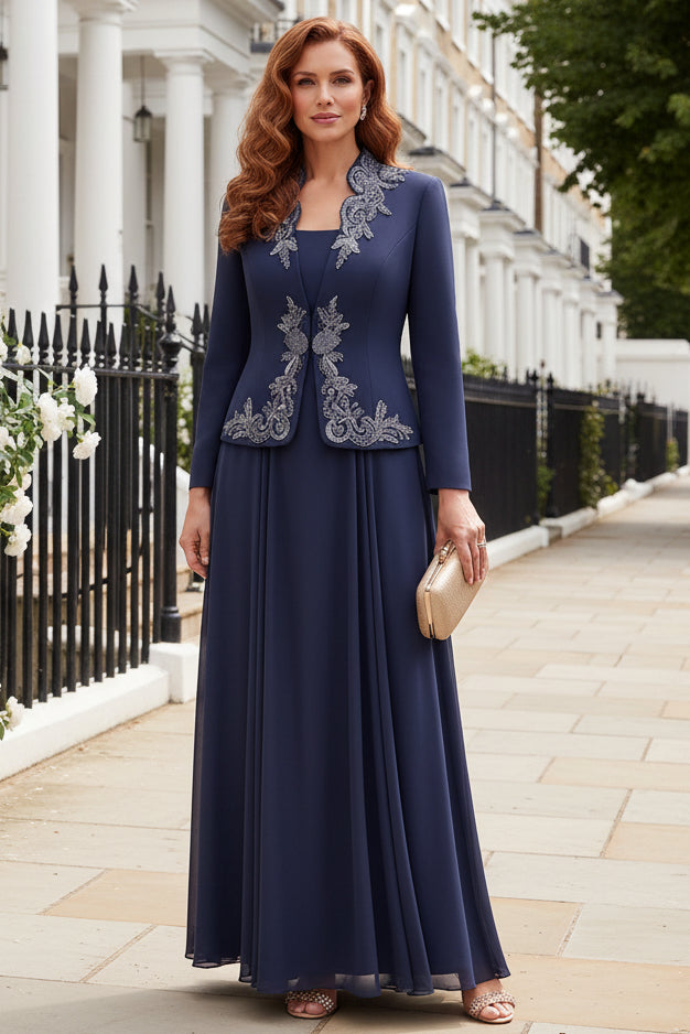 Embroidered Jacket and Pleated Maxi Dress Set