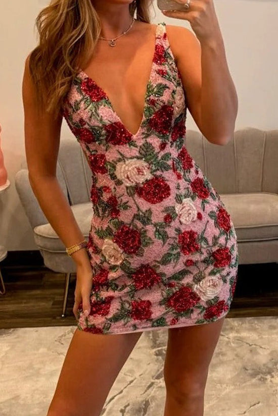 Floral Beaded Plunging Mini Dress with Open Back