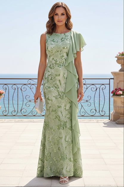 Sequin Gown with Asymmetrical Cascade Ruffle