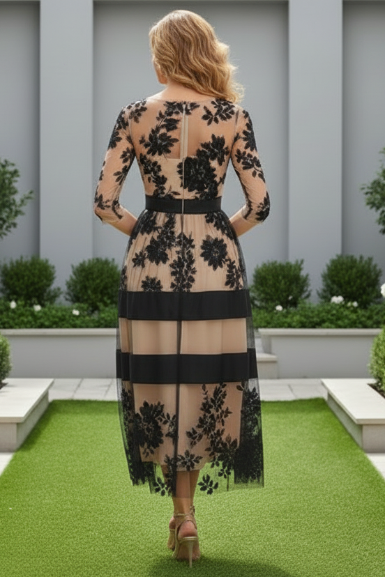 Floral Flocked A-Line Midi Dress with Striped Hem