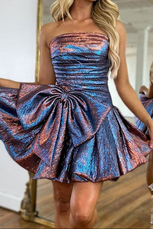 Strapless Bowknot Metallic Pleated Mini Dress