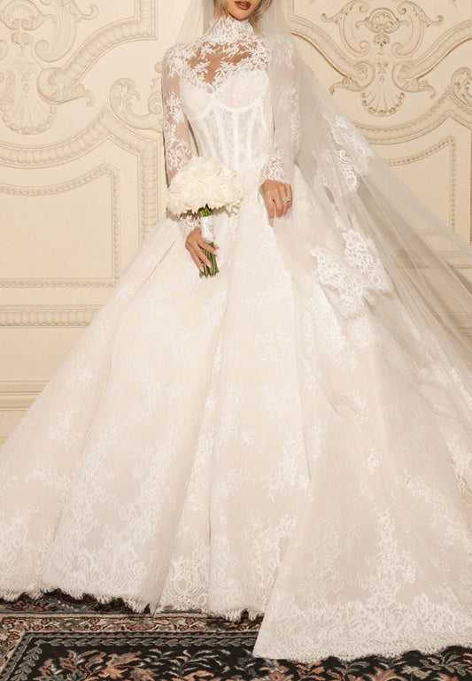 High-Neck Lace Ball Gown Wedding Dress with Long Sleeves