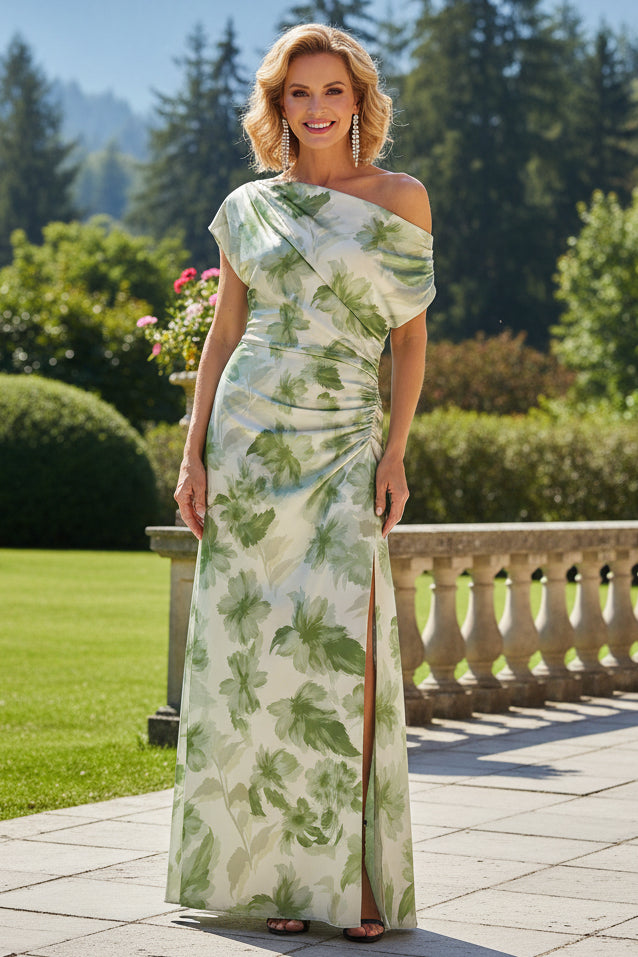 Asymmetrical One Shoulder Ruched Floral Maxi Dress