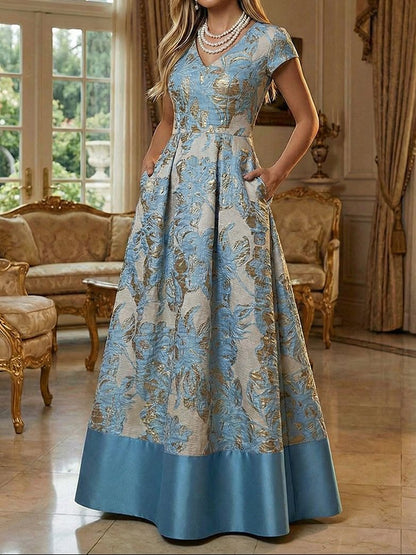 Floral Jacquard A-Line Gown with Pockets