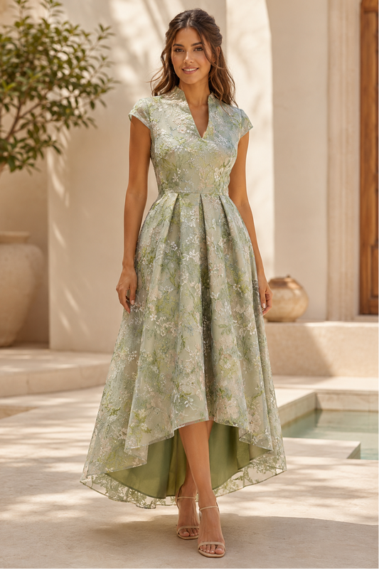 Floral Embroidered Lace High-Low Midi Dress