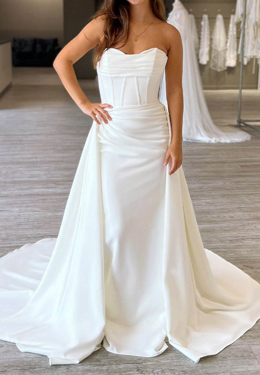 Strapless Corset Satin Wedding Dress with Chapel Train