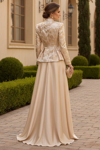 Floral Jacquard Peplum Jacket and Satin Gown Set
