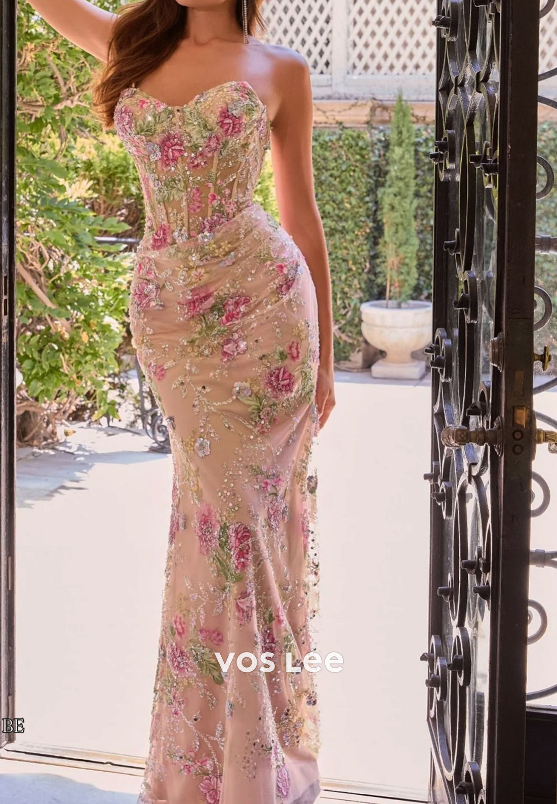 Floral Embroidered Strapless Corset Gown
