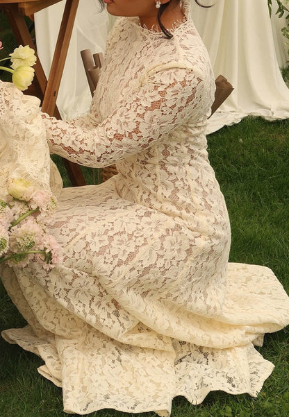 Lace High Neck Bell Sleeve Wedding Dress