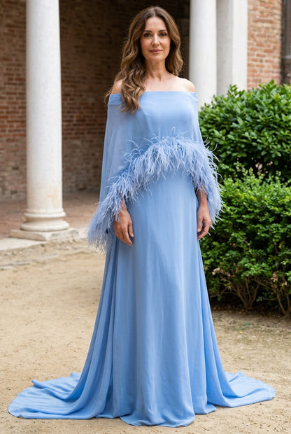 Off-the-Shoulder Feather Trim Cape Evening Gown