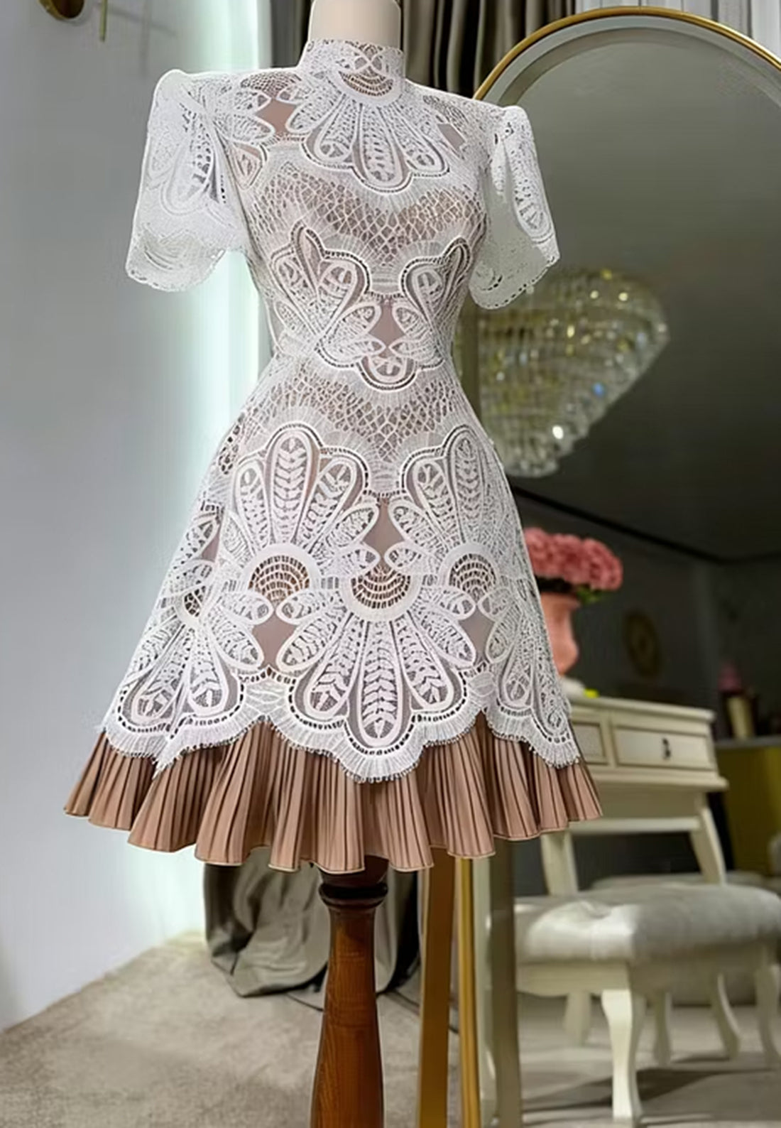 High Neck Lace Mini Dress with Pleated Ruffle Hem