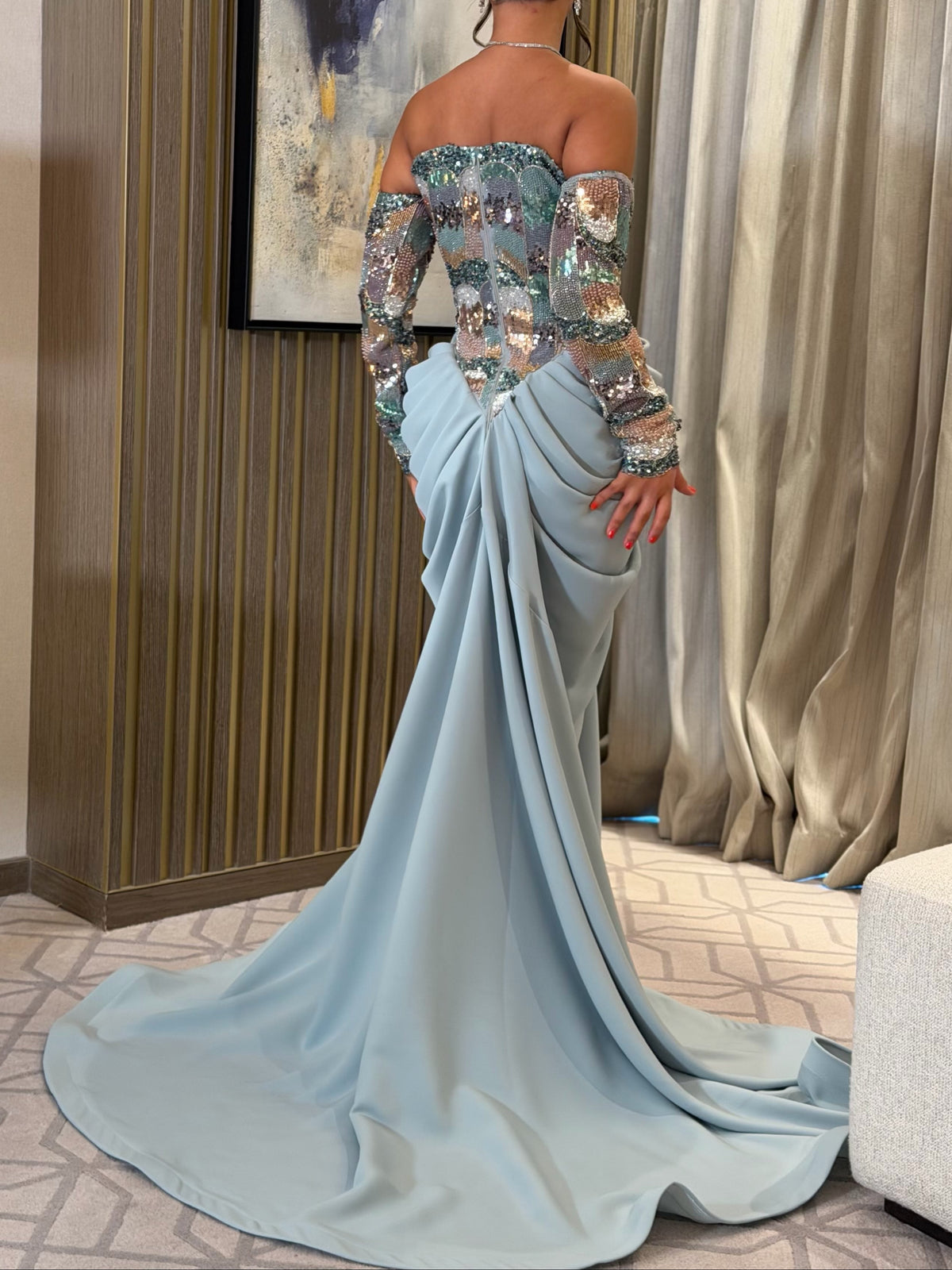 Sequin Corset Gown with Draped Train Skirt