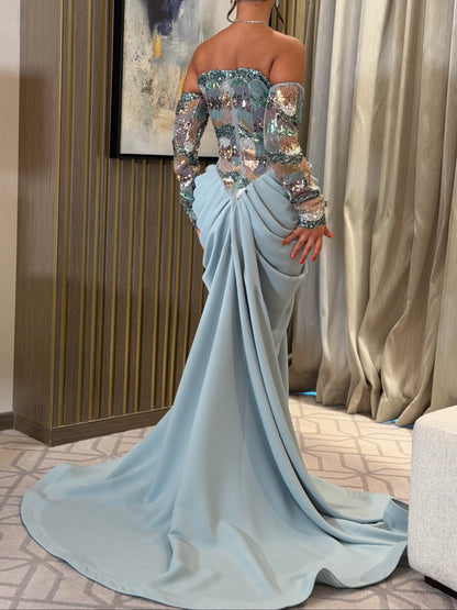 Sequin Corset Gown with Draped Train Skirt