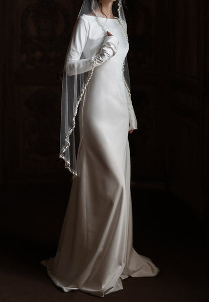 Bateau Long Sleeve Satin Wedding Dress with Train
