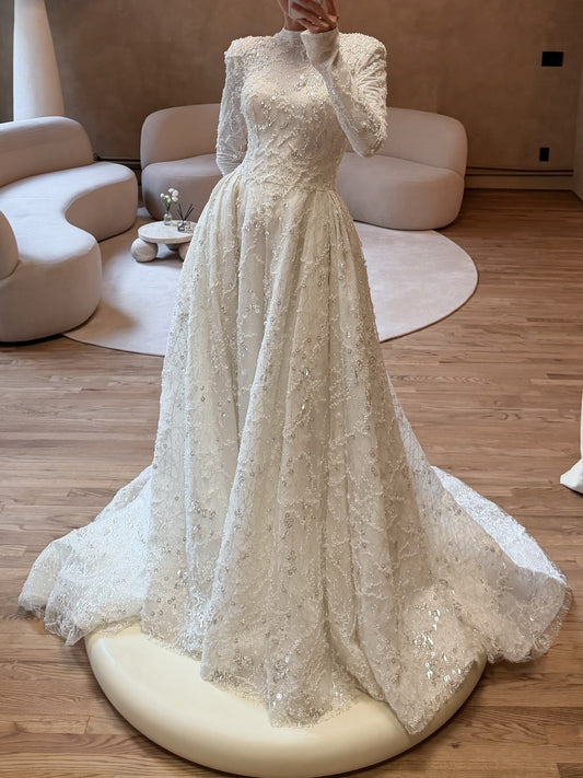 Beaded High Neck Long Sleeve Wedding Dress