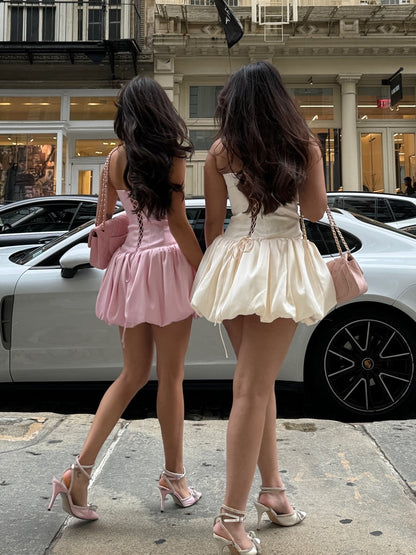 Strapless Satin Corset Bubble Hem Mini Dress