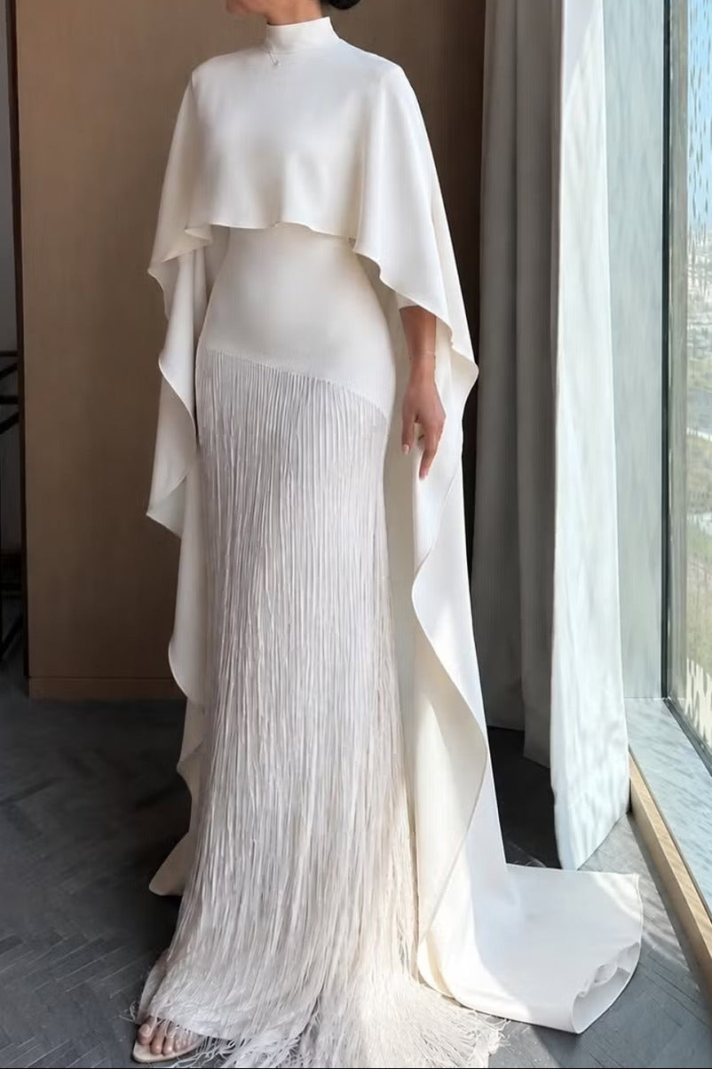 High-Neck Fringe Gown with Cape Overlay