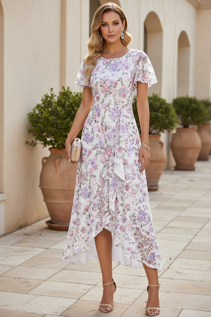 Floral Lace High-Low Dress with Flutter Sleeves
