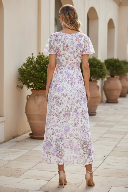 Floral Lace High-Low Dress with Flutter Sleeves