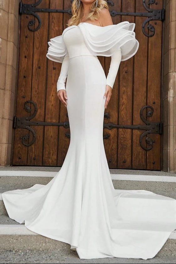 Off-the-Shoulder Ruffle Sleeve Mermaid Gown