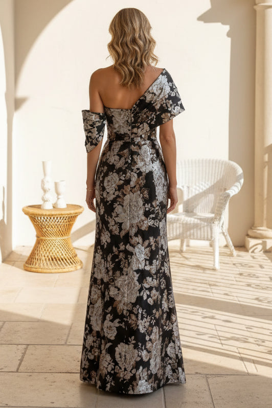 One-Shoulder Floral Metallic Jacquard Evening Gown