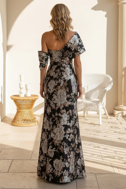 One-Shoulder Floral Metallic Jacquard Evening Gown